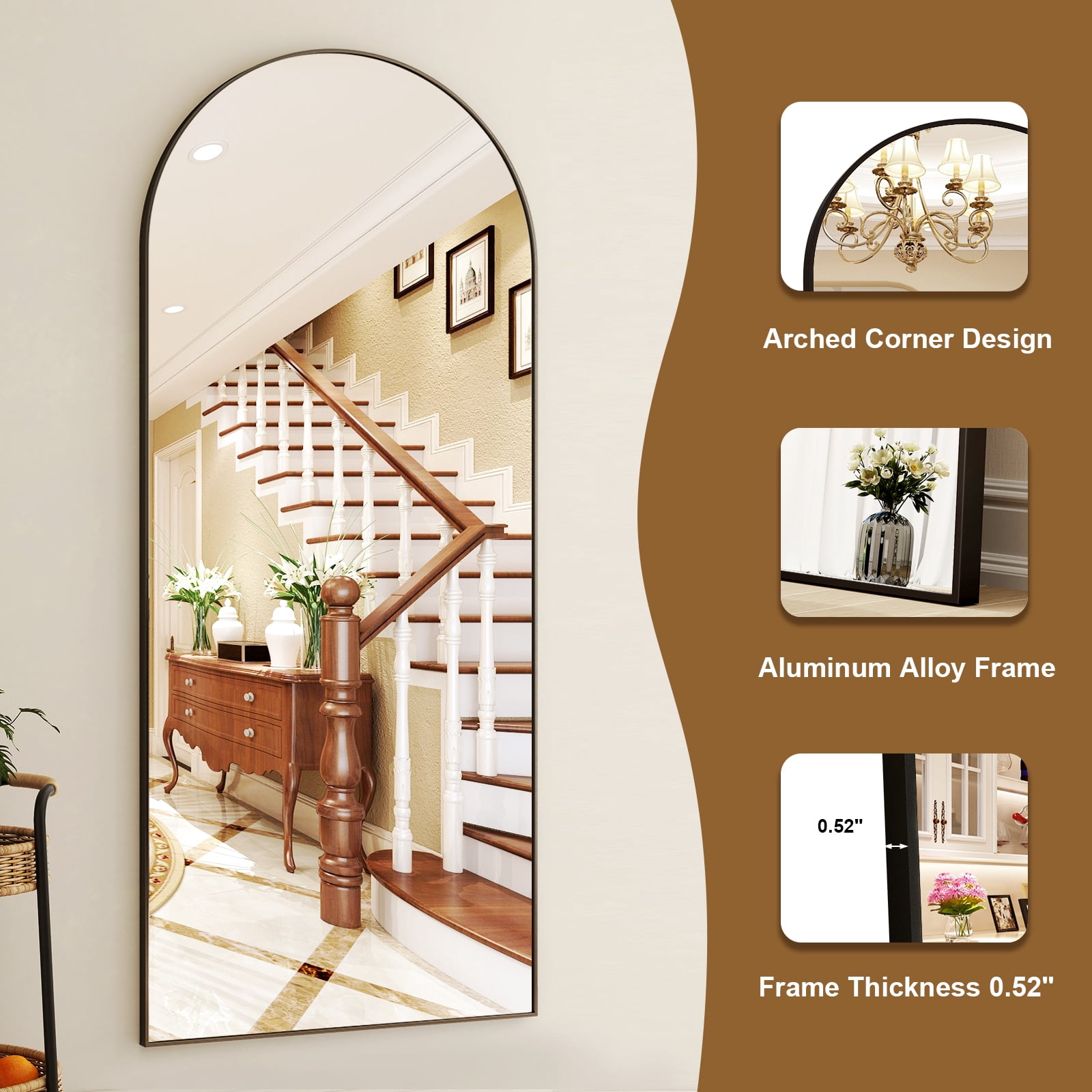 Easy4Home 71"x 30" Arch-Top Floor Mirror Metal Frame Free-Standing & Wall-Mounted, Black