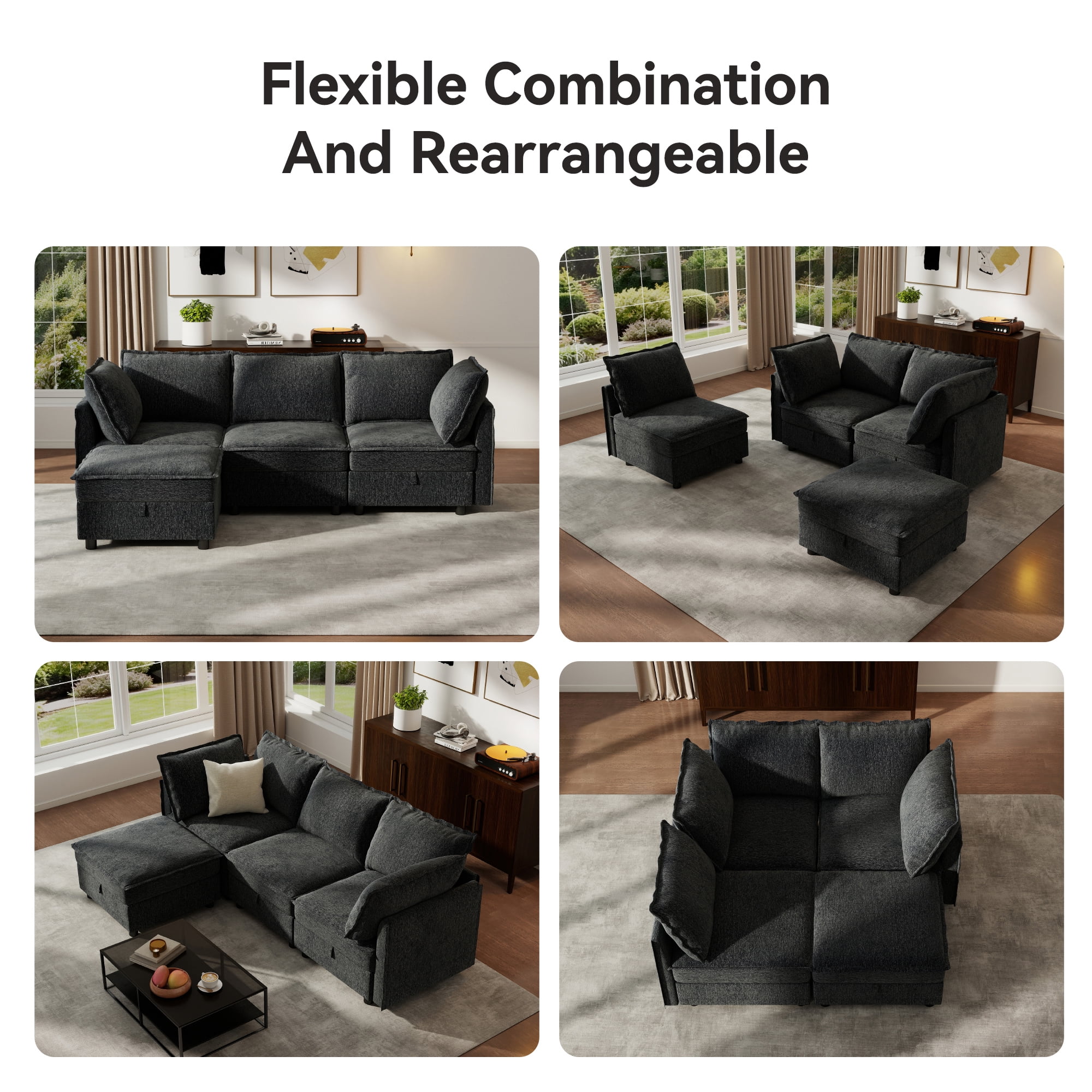 BedLuxury 97" Modular Sectional Sofa with Storage, L-Shaped Modern Sofa Couch with Movable Ottoman for Living Room, Office, Dark Gray