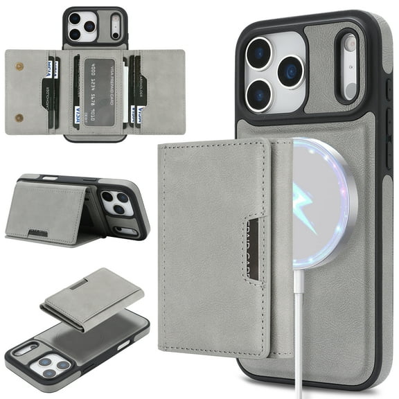 Allytechgroup Wallet Case for iPhone 17 Pro Max with Detachable Cards Holder, Compatible with Mag-safe PU Leather Stand Shell Shockproof Protective Magentic Back Cover for Women Men, Gray