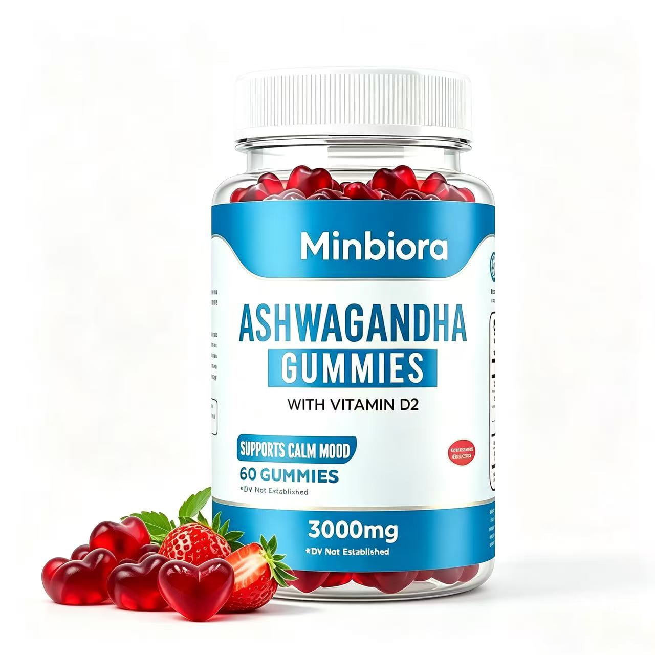 Ashwagandha Gummies 3000 mg with Vitamin D2, Natural Strawberry Flavor Herbal Supplement for Calm Mood, Relaxation & Restful Sleep, Stress Support for Women & Men, Vegan Non-GMO Gluten Free, 60-Count