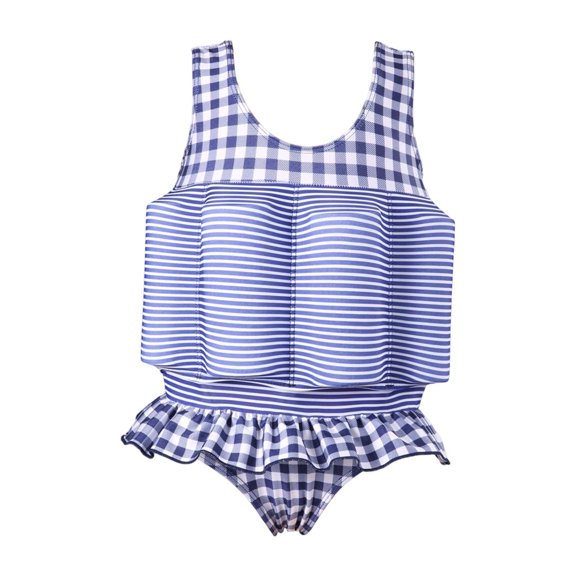 LIIPEE Girls Boys Swimwear Plaid Striped Printed Sleeveless Coast Guard Approved Life Bodysuit Swimsuit Kids Casual Beach Pool Party Buoyancy Life Vest,Blue,2-3 Years