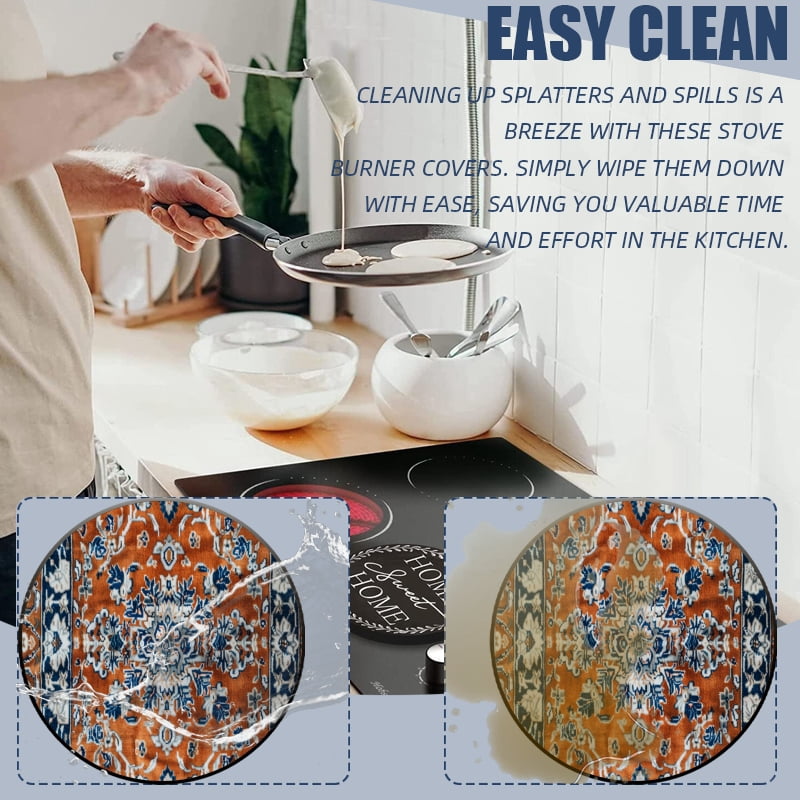 Metal Burner Covers for Electric Stove, Vintage Boho Floral Pattern Durable Round Gas Stove Burner Covers Set of 4, 8 Inches and 10 Inches