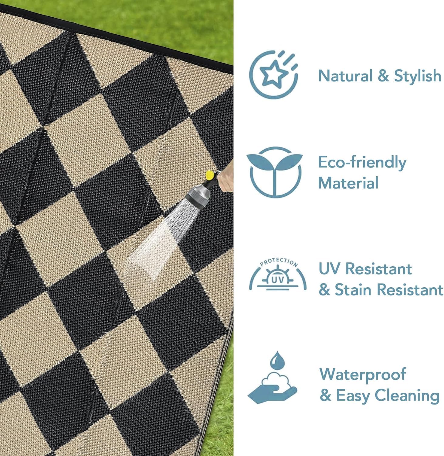 Danolapsi 8x10 Outdoor Rug Waterproof Reversible Outdoor Plastic Straw Rug with 4 Stakes & Portable Bag Boho Patio Rugs Carpet RV Mat Easy to Clean Checkered Floor Carpet for Patio Camp Balcony Deck