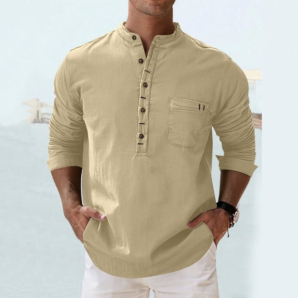 Blusa y camisa de manga larga con cuello alto para hombre, informal, a la moda, de color liso, transpirable, de manga larga, con cuello alto y bolsillo con botones, blusa de poliéster para hombre