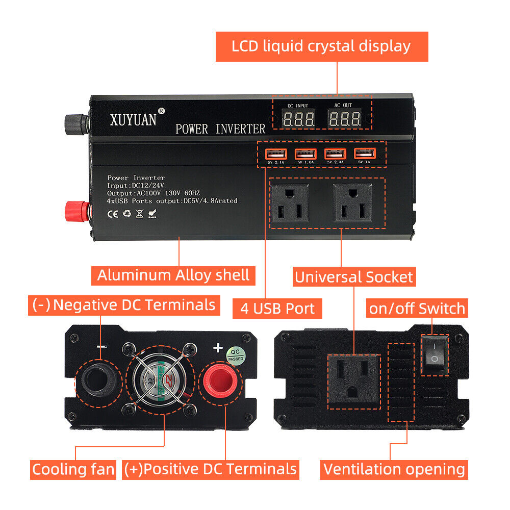 KingFurt "Pure Sine Wave Power" "Black" "4000W Peak Power" "12V Inverter DC to AC" "Truck RV Car Solar System