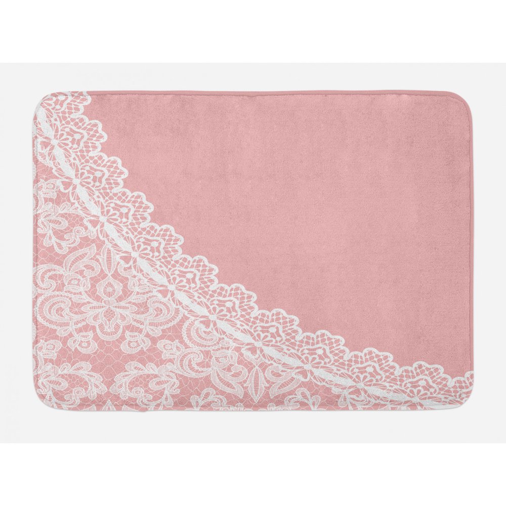 Pink and White Bath Mat, Lace Old Fashioned Border on Pink Color