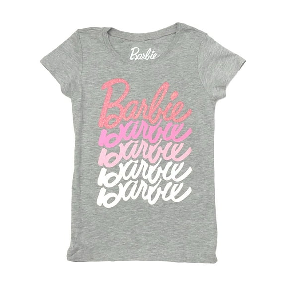 Girls Gray & Pink Sparkle Short Sleeve Barbie T-Shirt Tee Shirt X-Small