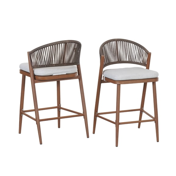 Set of 2 Outdoor Counter Stools with Scallop Backrest, Aluminum Frame Teak Finish, 26 Seat Height for Patio Bar