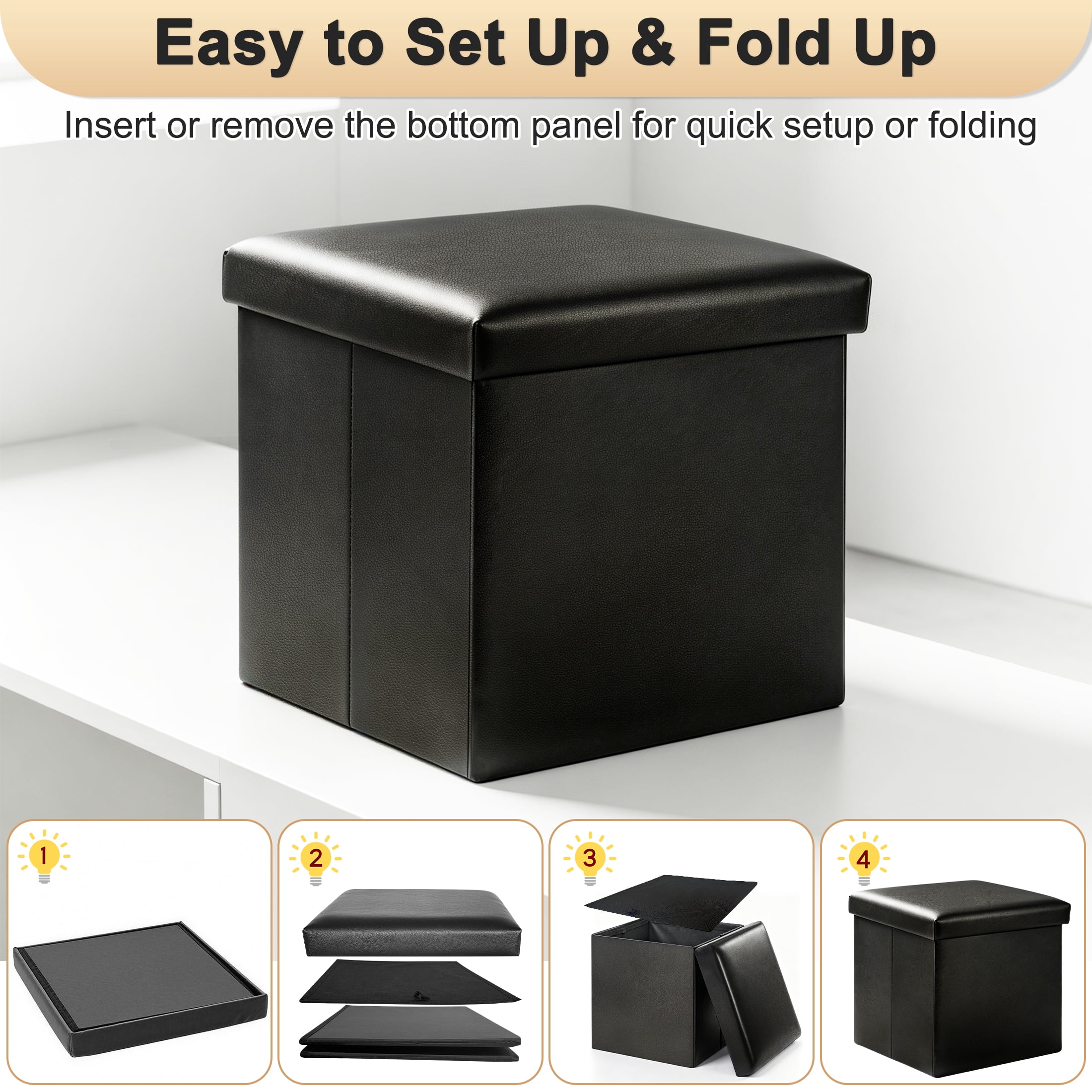 Small Folding Storage Ottoman Bench, Square Leather Footstool Bench with Storage, Foot Rest Stool for Living Room, Bedroom, Dorm, Load up to 220 lb, 15x15x15in