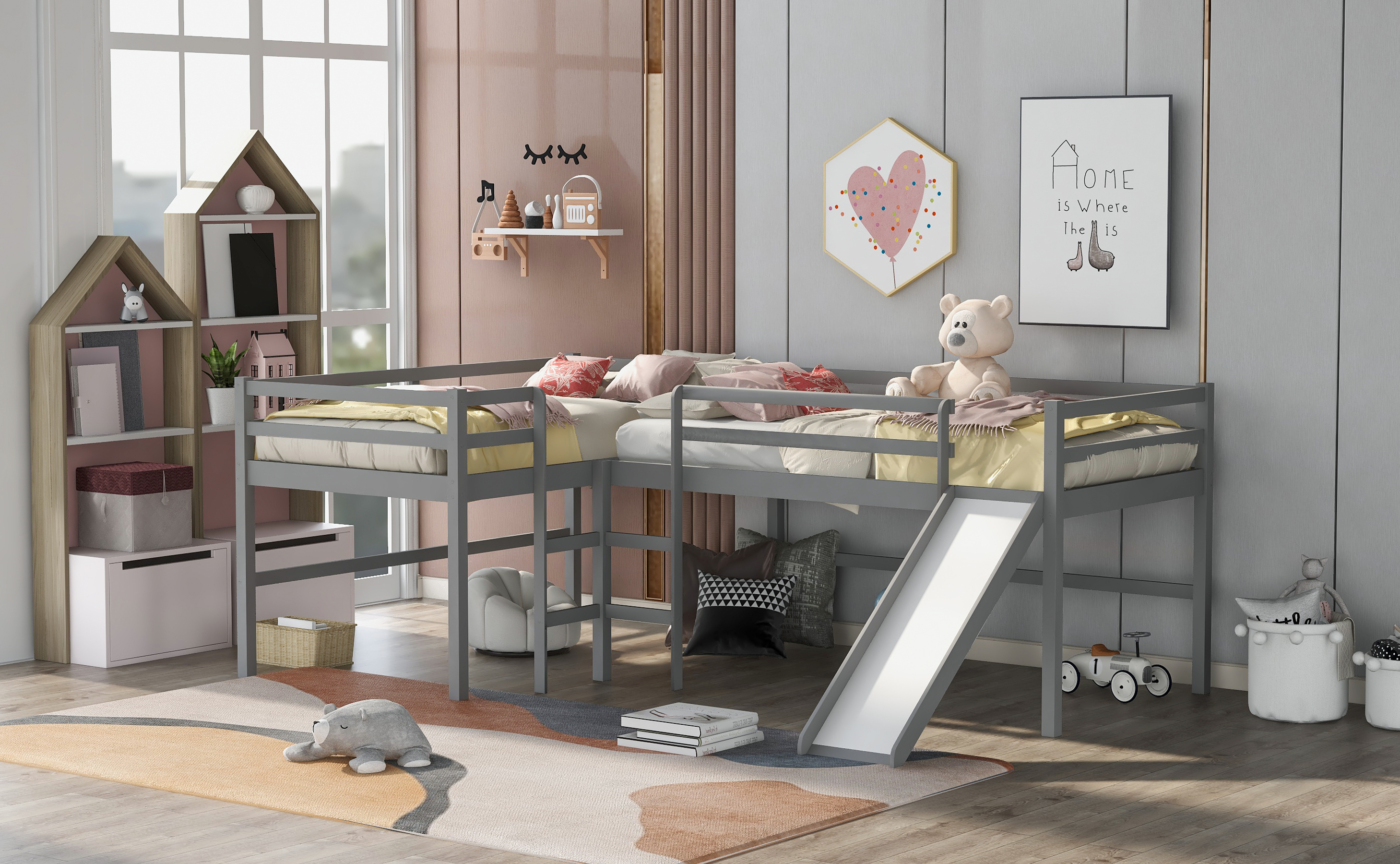 Twin Size L Shaped Loft Bed With Built In Ladders And Slide Wooden Loft Beds Gray Walmart Com