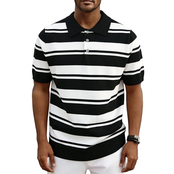 VgaVtl Mens Polo Shirts Summer Short Sleeve Knit Striped Collared Button Casual Golf Clothing for Men
