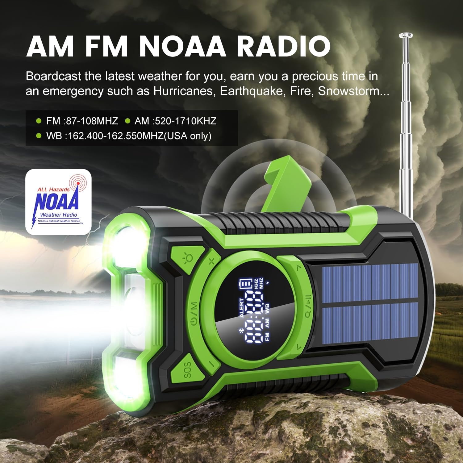 Emergency Radio Hand Crank Solar 5000mAh, IP65 Waterproof Dustproof Bluetooth 5.3 Portable AM/FM/NOAA Weather Alert Radio with Flashlight, Phone Charger, SOS, Headphone Jack- (Red)