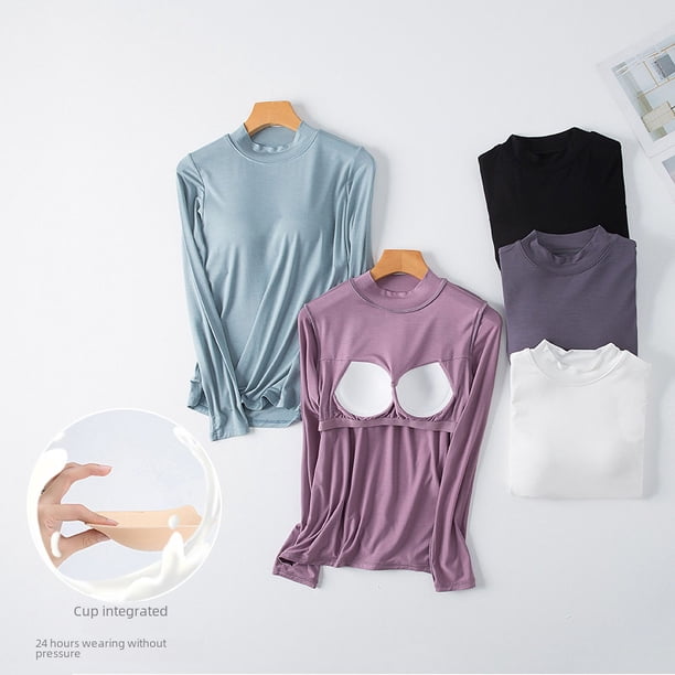Sujetador de manga larga con cuello semialto y almohadilla para el pecho, camiseta integrada, ropa interior para dormir en casa