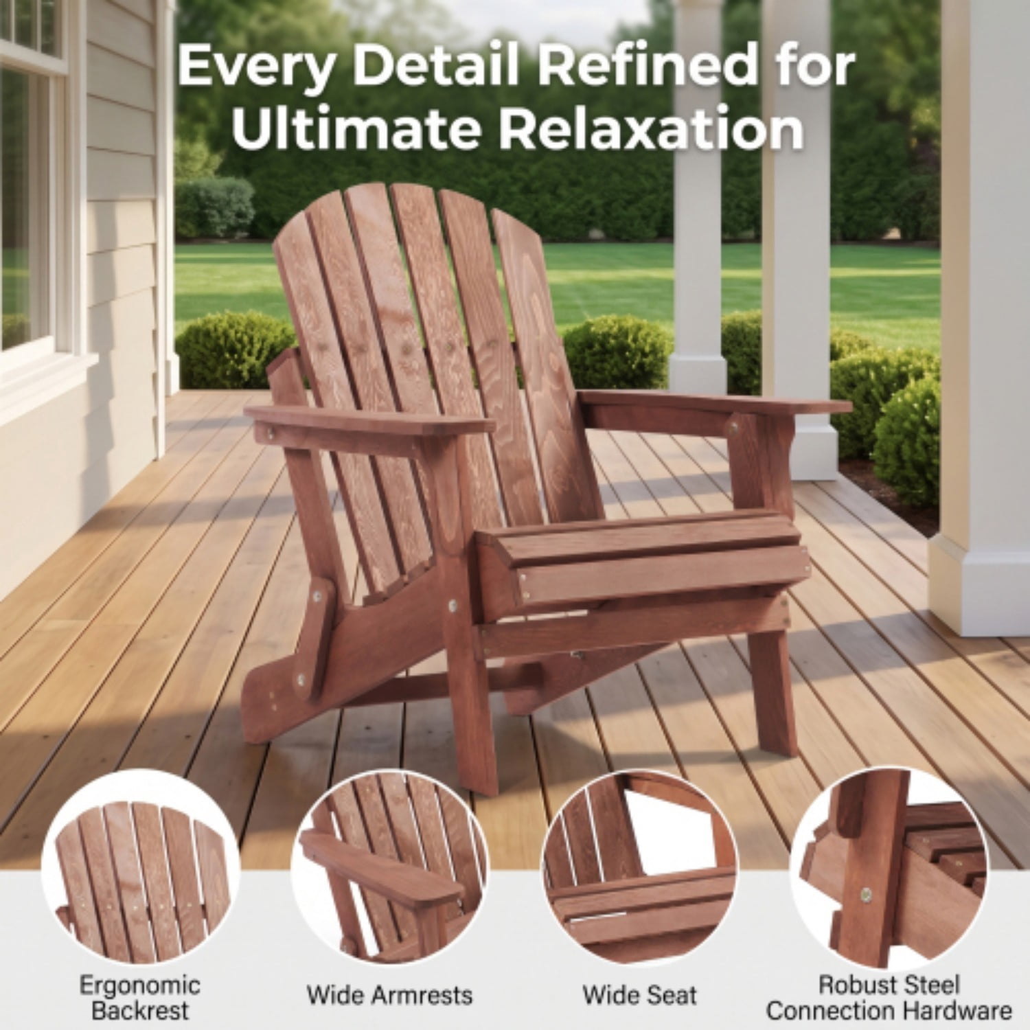Oversized Adirondack Chair, Wooden Outdoor Folding Patio Chair with Pre-Assembled Backrest & Seat, 330 lb Capacity for Garden, Porch, Pool, Coffee