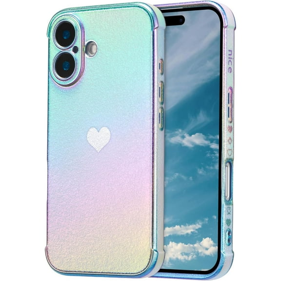 MYKOMI for iPhone 16 Case 6.1 inch,Cute Colorful Iridescent Plating Edge Case with Love Hearts Pattern,Camera Lens Protection Shockproof Phone Case for Women Girls