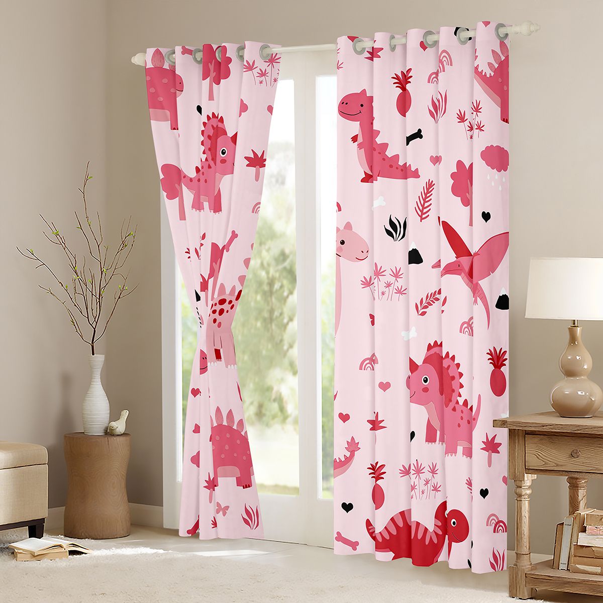 Homewish Cute Pink Dinosaur Curtains Pack of 2 (42x84 Each) for Kids, Jungle Leaf Botanical Curtains Blackout, Kawaii Cartoon Animal Bedroom Curtains, Black Out Curtains Decor