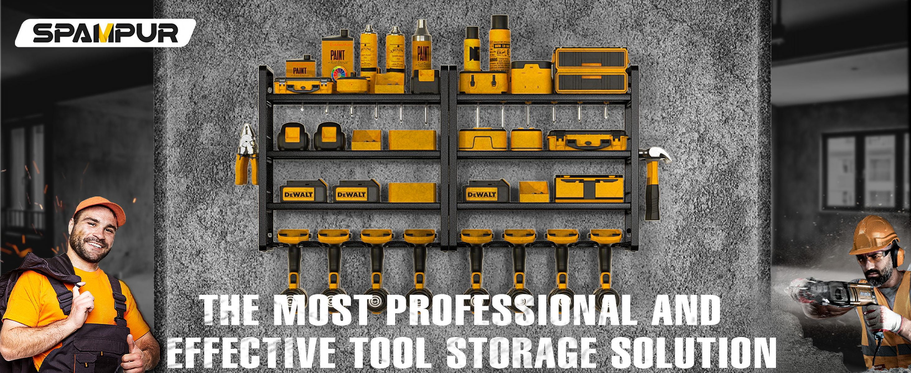 Power Tool Organizer, 8 Drill Holder Wall Mount, Storage Rack for Garage Organization, Heavy Duty Tool Racks and Battery Shelf, Tools Shelves with Charging Station - Metal - Large - 2 pack
