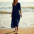 thumbnail image 5 of WULMLEO Linen Dresses for Women 2025 Flowy V Neck Short Sleeve Maxi Dress Lightweight Summer Beach Vacation Clothes Navy S, 5 of 5