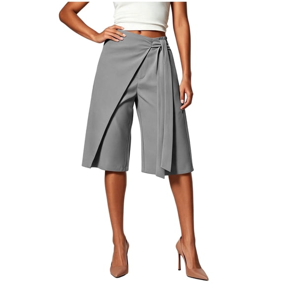 Qingpeng Womens Wrap Front Tie Waist Culottes High Waist Irregular Overlay Split Wide Leg Dressy Capri Pants Office Business Casual Pants