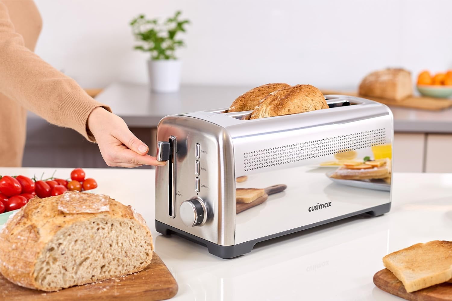 4 Slice Toaster, Extra-Long Slots for Artisan Bread, Quick Glance Function, 9 Shade Settings, Ba l/Defrost/Cancel Functions, Removable Crumb Tray, Cool-Touch Stainless Steel Body