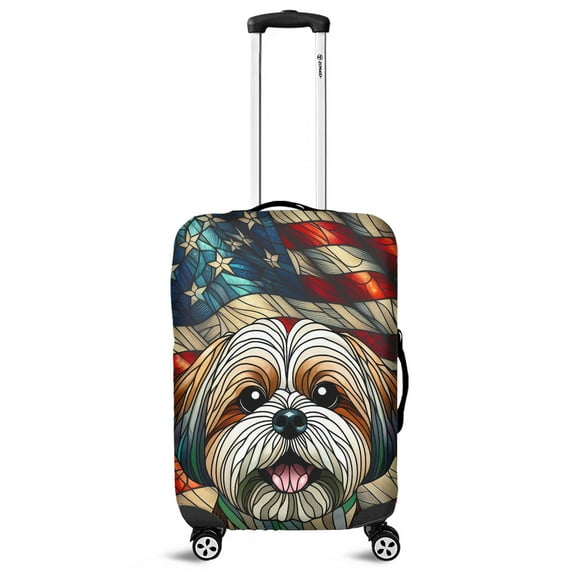 Patriotic Shih Tzu Stained Glass Portrait American Flag Travel Luggage Cover Lion Dog Lover Gifts Suitcase Dust Protective Decor - 01010