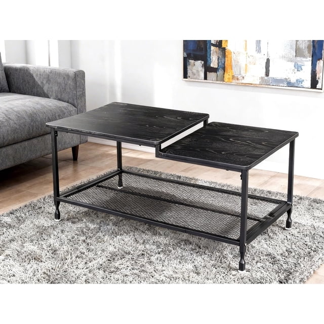 QinaQin Industrial Storage Coffee Table, 2-Tier Rustic Brown Center Table with Metal Frame