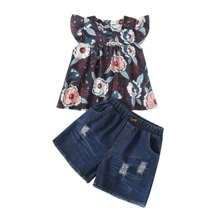 

Puloru Girls Clothes Set Blue Short Sleeve Round Collar Tops and Shorts