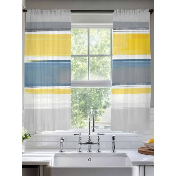 Retro Stripe Sheer Curtains 63 Inches Long 2 Panels Blue Yellow Grey Gradient Light Filtering Semi Sheer Window Curtains Drapes for Bedroom Living Room 52"x63"
