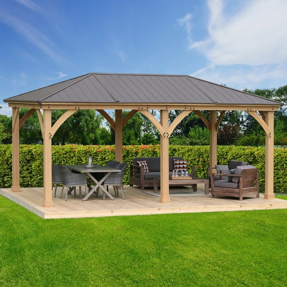 Yardistry 12' x 20' Meridian Gazebo – Premium Cedar Wood Structure with Coffee Brown Aluminum Roof, 6" x 6" Posts, and Pre-Stained Natural Finish
