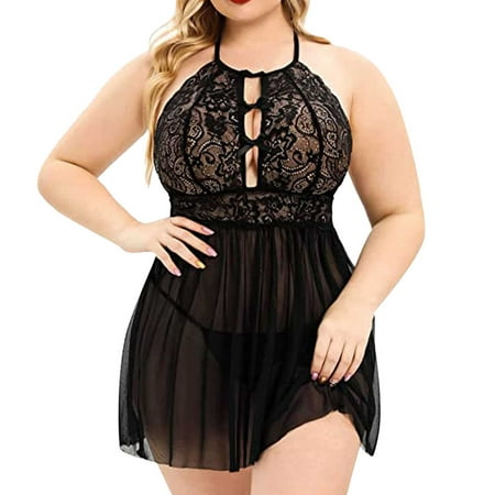 

Plus Size Lingerie For Women Halter Lace Chemise Mesh Hollow Out Nightgown Nightdress Lace Bow Teddy Sleepwear Nightwear Homewear Night-clothes Pajamas Nighty