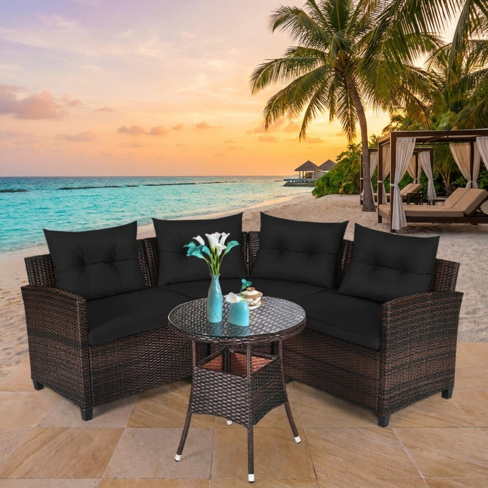 Furnibear 4 Pieces Outdoor Cushioned Rattan Furniture Set Patio Conversation Set with Loveseat Two Armchairs and Table for Backyard, Black
