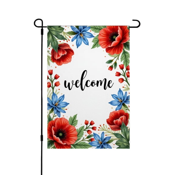 Remain Unique Welcome Floral Garden Flag, Linen Material with Red Poppies and Blue Flowers, for 4th of July Memorial Day Spring Summer Home Outdoor Garden Yard Decor 12x18 inch