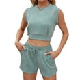 thumbnail image 3 of SLADYGLO Women Irregular Textured Crew Neck Sleeveless Cropped Top Pockets Shorts Suits, 3 of 7
