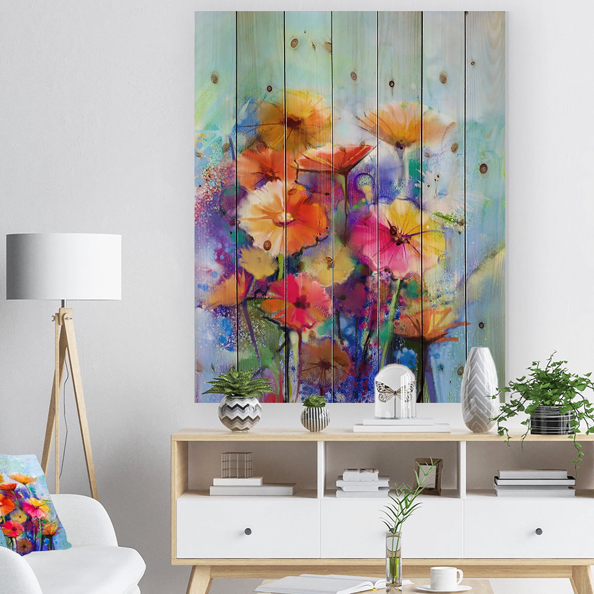 Designart Abstract Watercolor Floral Print on Natural Pine Wood Painting, 30" x 40"