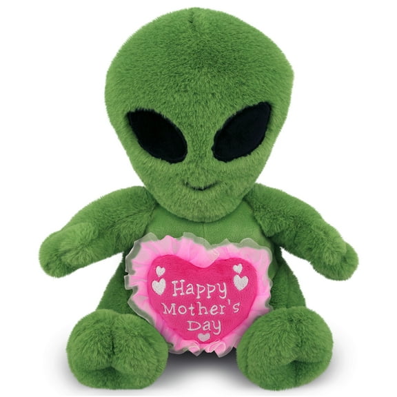 DolliBu Happy Mother's Day Super Soft Plush Alien - Cute Stuffed Animal Present With Pink Heart Message for Best Mommy, Grandma, Wife, Daughter - Cute Space Creature Plush Toy Gift - 11 Inches