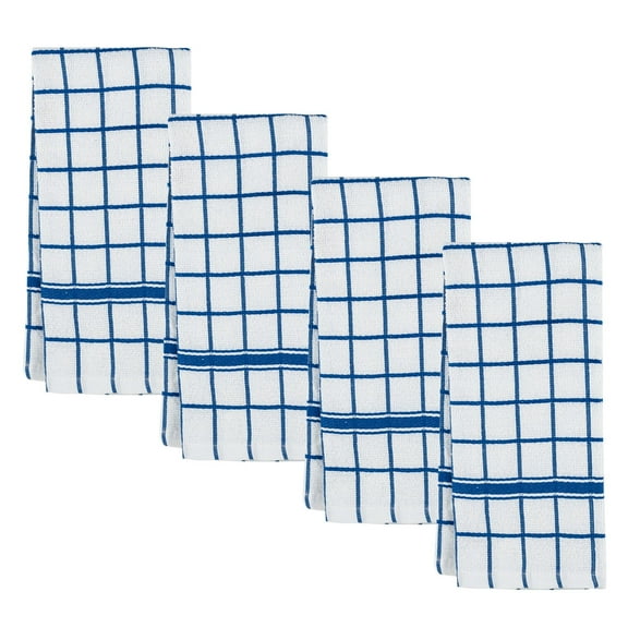Beille 4pc 100% Cotton Classic Windowpane Dish Towels Set, Blue and White (26.5 x 16 inches)