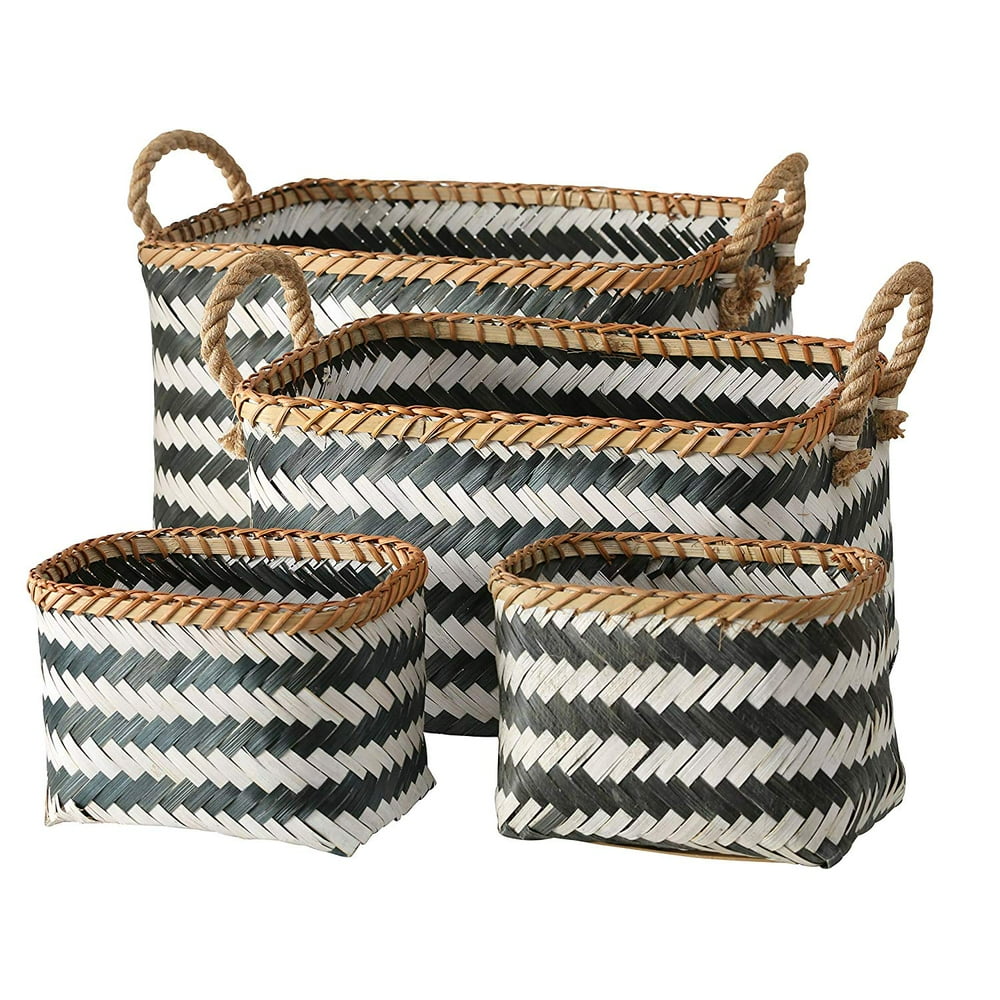 Black and White Organizer Baskets, 4 Piece Set, Rectangular, Rustic