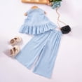 thumbnail image 5 of Toddler Girl Clothes 1-6 Years Girls Outfit, Short Sleeve Ruffle Bowknot Top+Floral Wide Leg Pants 2Pcs Spring Summer Set Light Blue 2-3 Years, 5 of 7