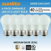 Sunlite LED A15 Refrigerator Light Bulb, 5.5 Watts (40W Equivalent), 450 Lumens, Medium Base (E26), Dimmable, Frosted Finish, UL Listed, 5000K Daylight, 6 Pack