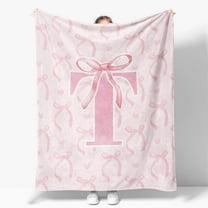 Coquette Pink Bow Throw Blanket, Personalized Initial Alphabet Fluffy Cozy Flannel Blanket, Monogrammed Gifts for Women, Unique Customized Blanket for Her Girls Christmas Birthday