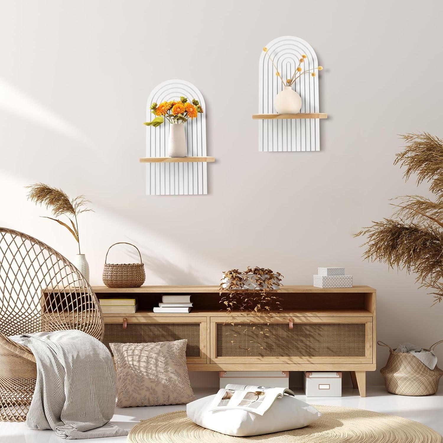 JUMRHFAN Wall Shelf White Boho Wall Decoration Wooden Shelf Wall Floating Shelves Bookshelf Wall Modern Wall Shelf Decoration Living Room Bedroom Office Plant Rack Flower Pot Wooden Rack