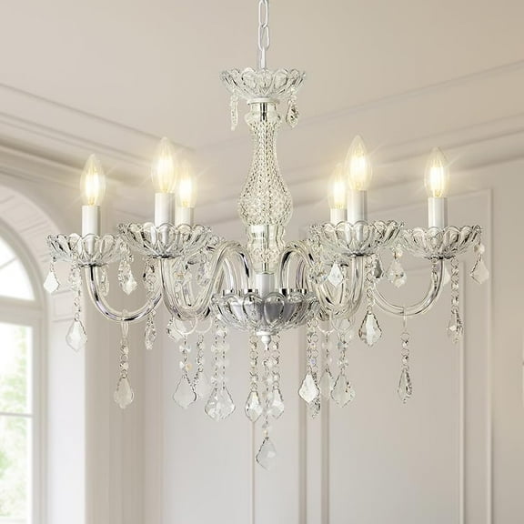 Plug in Chandelier Dimmable,5 Lights K9 Crystal Glass Pendant Light Fixture, Modern White Candle Hanging Chandelier for Bedroom Living Dining Room Kitchen Island