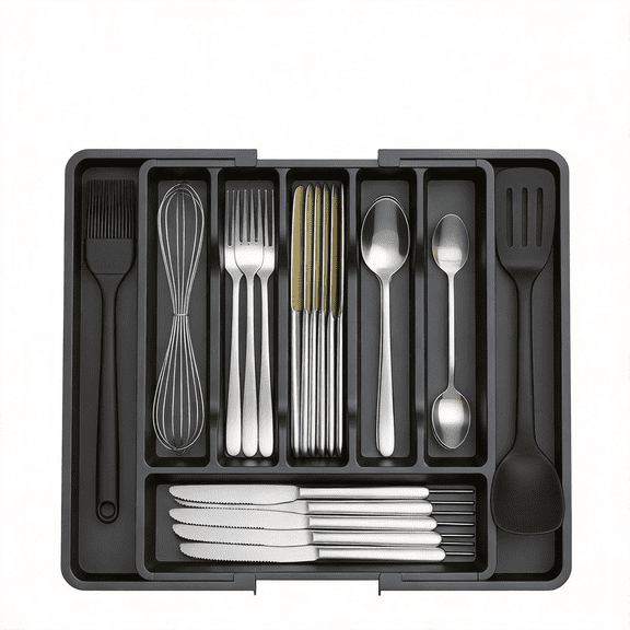 Expandable Silverware Drawer Organizer, Adjustable Utensil Tray with 8 Compartments, Kitchen Utensil Drawer Organizer, Silverware Holder for Kitchen Flatware, Knives, and Cooking Tools