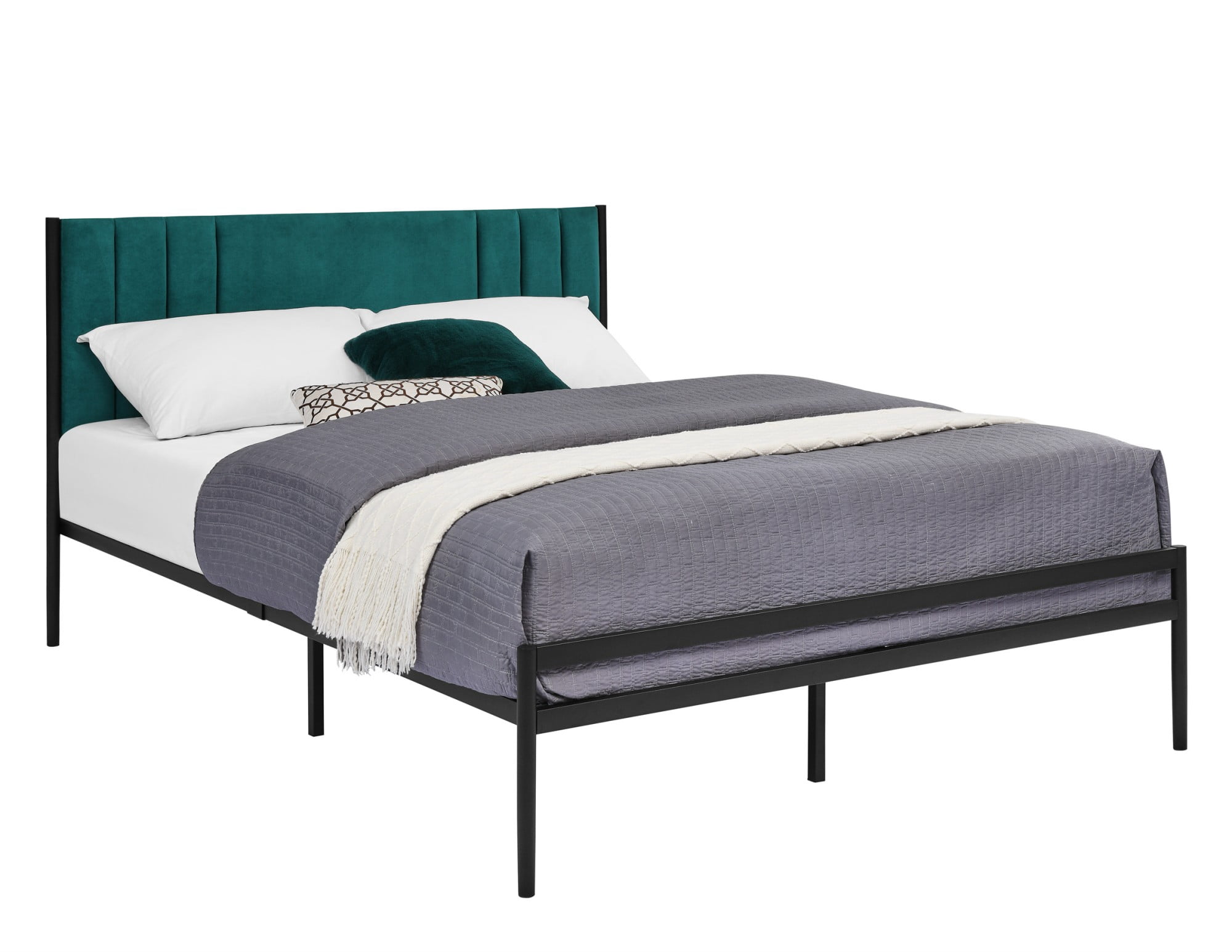 Gewnee Green Full Size Upholstered Platform Bed Frame Velvet Headboard Metal Frame Wood Slat Support No Box Spring Required for Bedroom