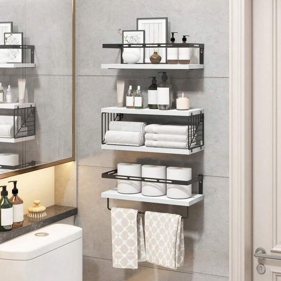 Wall Mounted Bathroom Shelves Over Toilet, Rustic Wood Floating Shelves With Metal Frame And Towel Bar For Bathroom, Kitchen, Bedroom, Living Room Back To School
