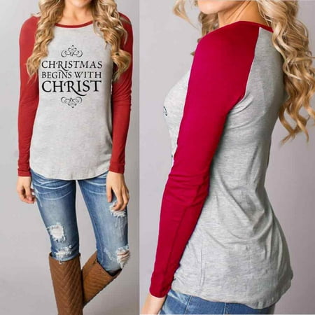 Huppin's Hot Sale Fashion Women Christmas Clothing Round Collar Long Sleeves Tops Cotton Casual Printed T-shirt Blouse