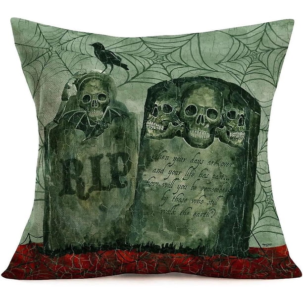 Juego de 4 fundas de almohada Vintage Halloween Throw Crimson Eve decoración al aire libre fundas de almohada algodón lino rústico Tombstone Skull Spider Crow Bat Throw Pillow ZefeiWu 8390613854179