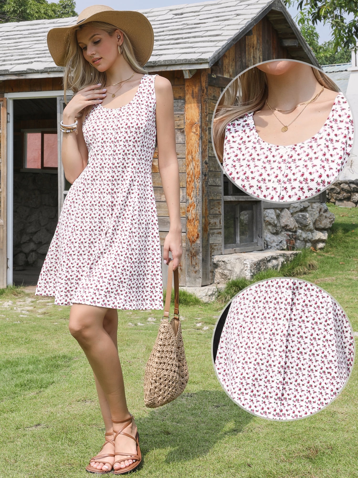 DARING DIVA Women's Floral Tank A-Line Square Neck Sleeveless Wide Strap Sundress M White