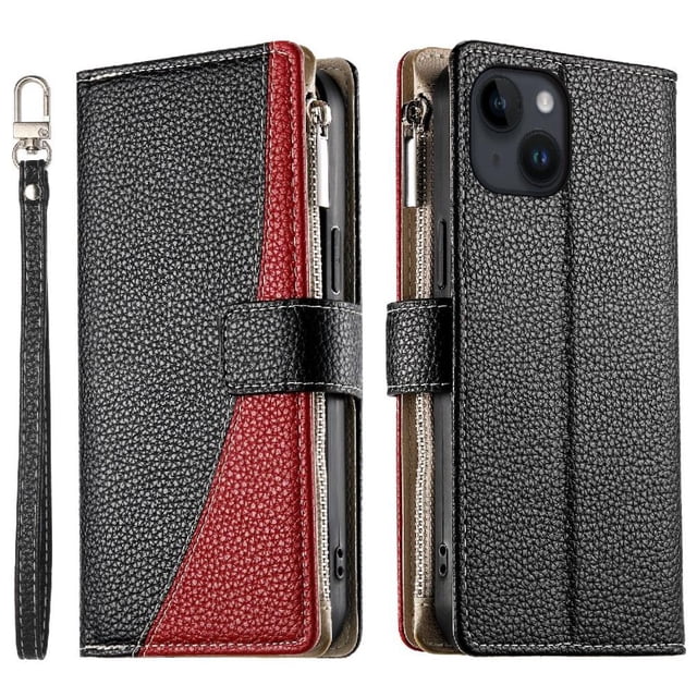 Funda cartera GANGXUN para iPhone 14 , cuero PU con tarjetero, cremallera, correa de mano, soporte y protección 799°