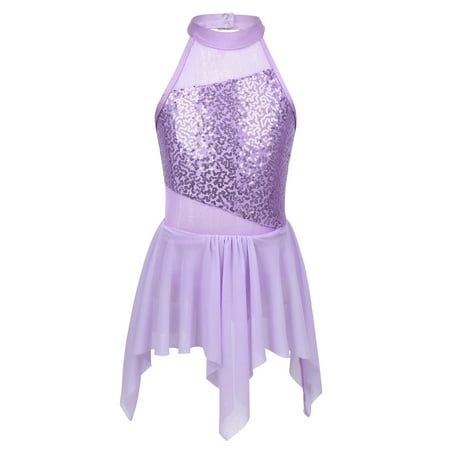 iEFiEL Kids Girls Sleeveless Sequins Leotard Dress for Lyrical Modern Contemporary Ballroom Dance